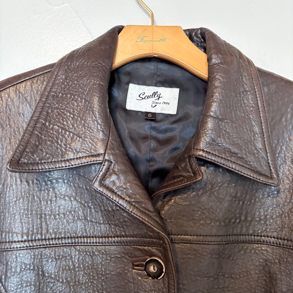 Y2K 90s Scully Leather Jacket Women Size 6 Brown Textured Button Front Blazer - Picture 3 of 16